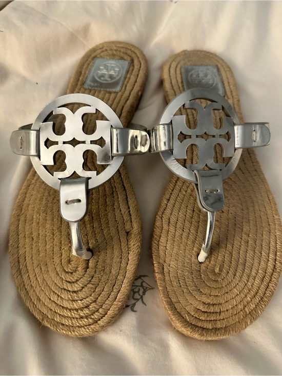 Tory Burch Shoes - Tory Burch Silver Logo Flip Flop Sandals on Woven Tan Footbed
